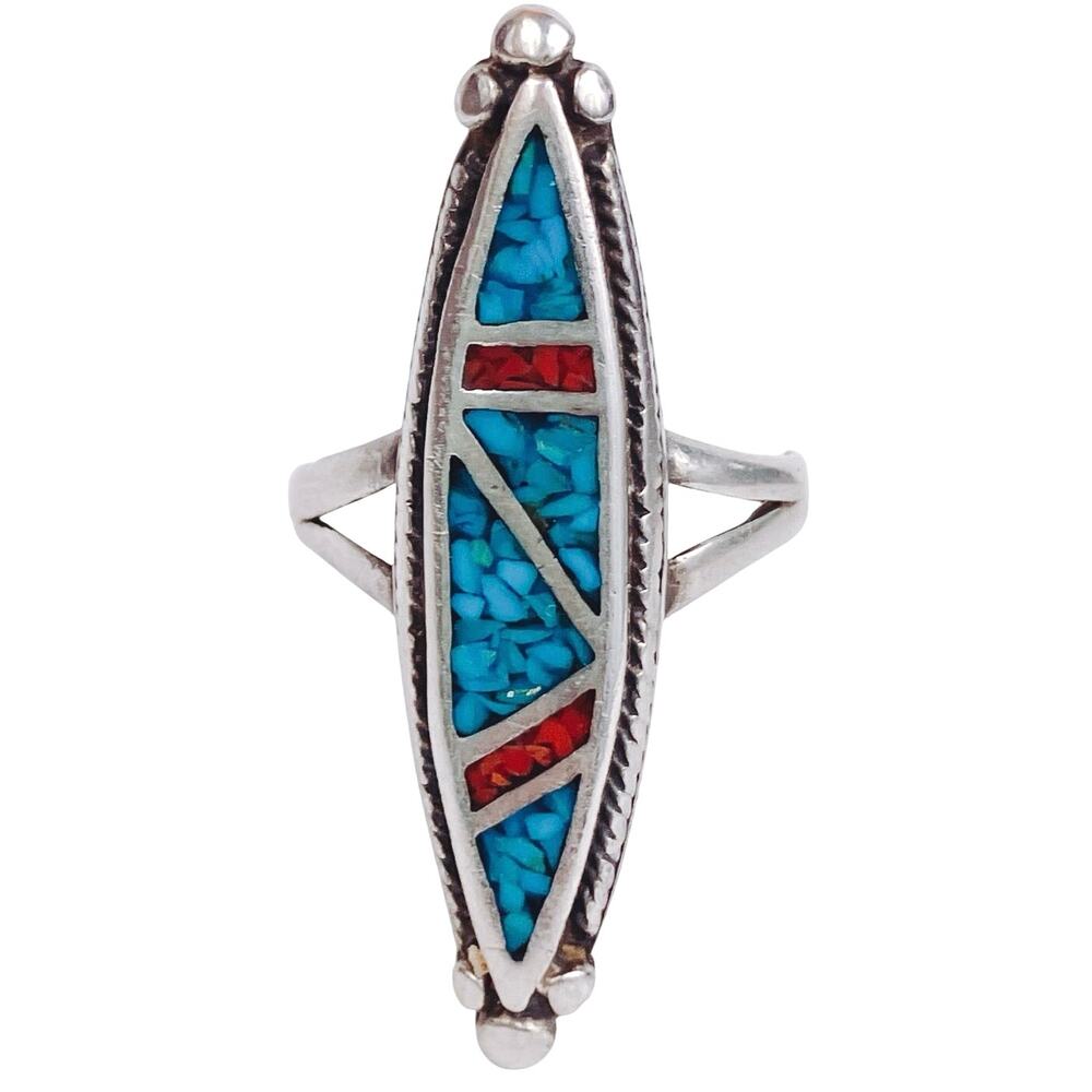 VTG Sterling Silver Ring Signed RB Navajo Style Turquoise Coral 1970s Chip Inlay